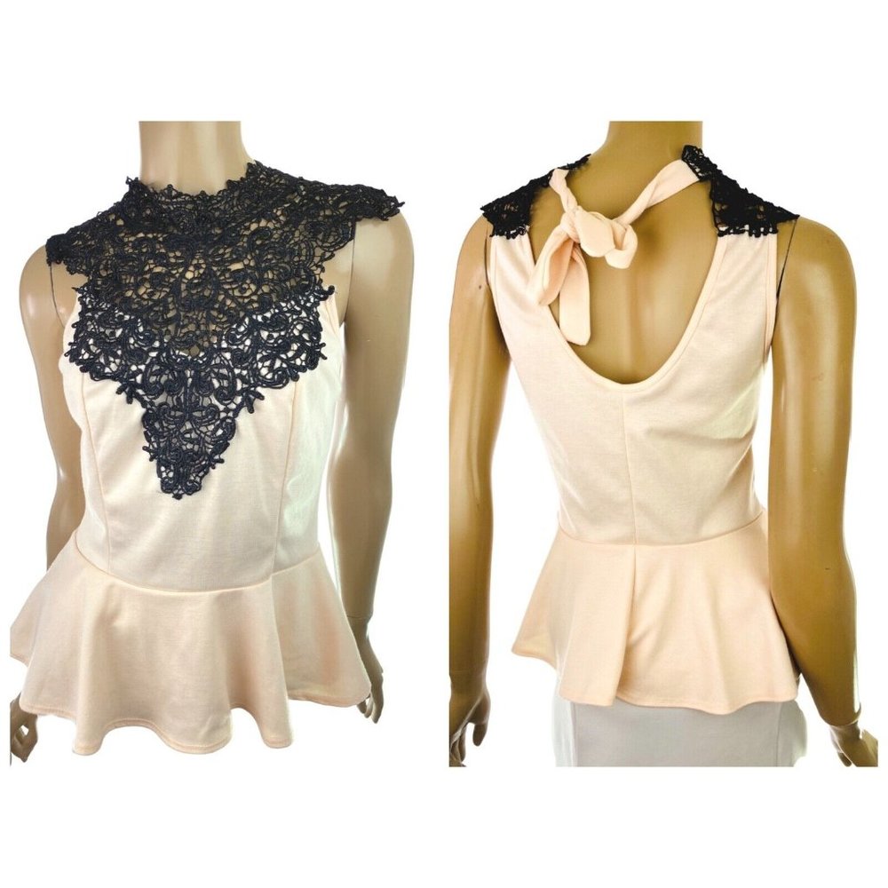 Charlotte Russe Peplum Top Blouse Size M Tie Halter Pale Pink Black Lace Bodice
